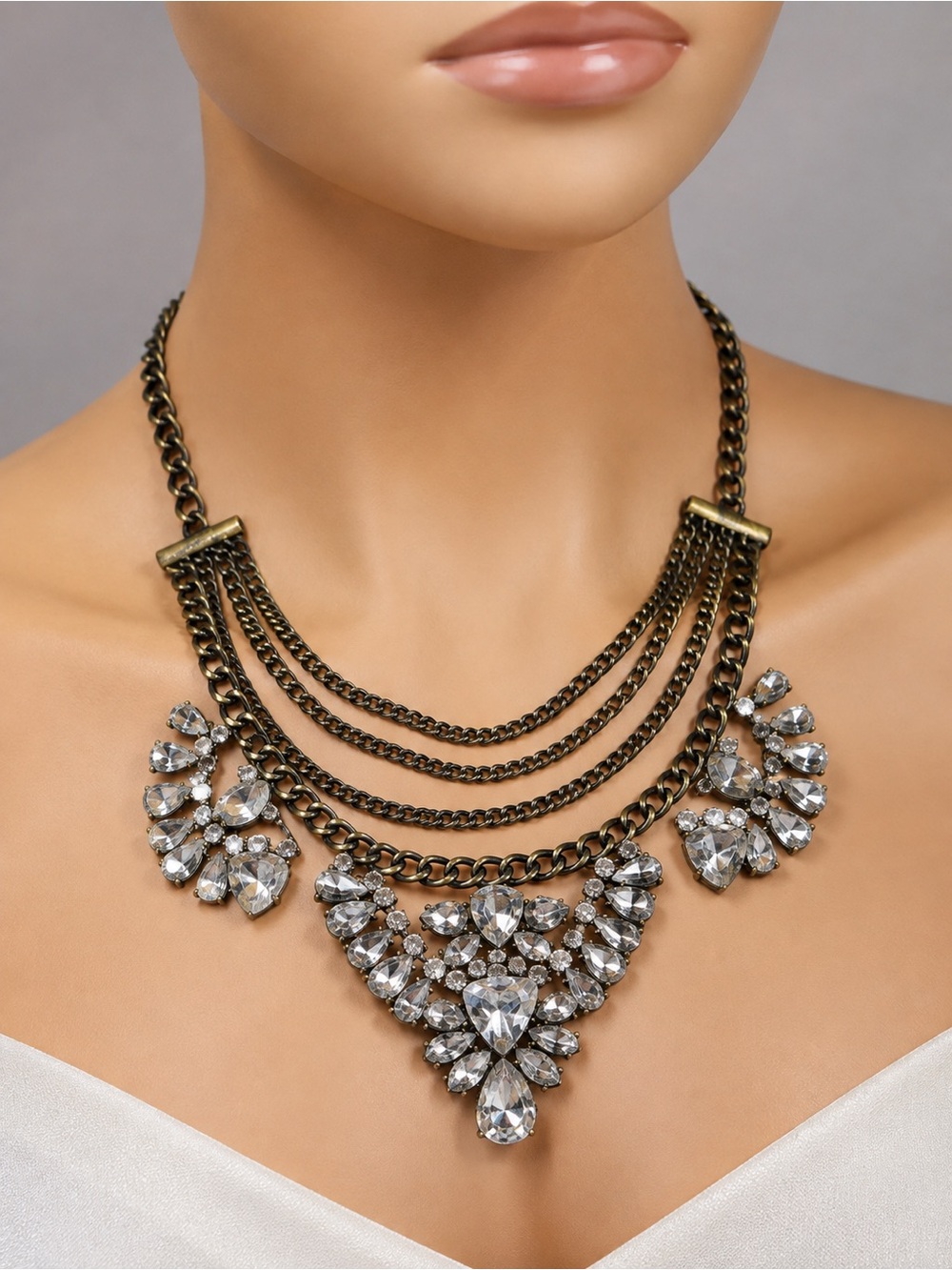 Crystal Rhinestone Statement Bib Necklace Antique Gold Wedding Prom Vintage Gems